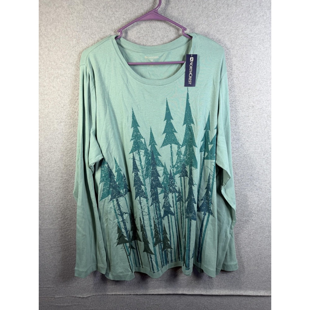 Northcrest Shirt Womens 2X Green Long Sleeve Scoop Neck Tree Graphic Tee Outdoor